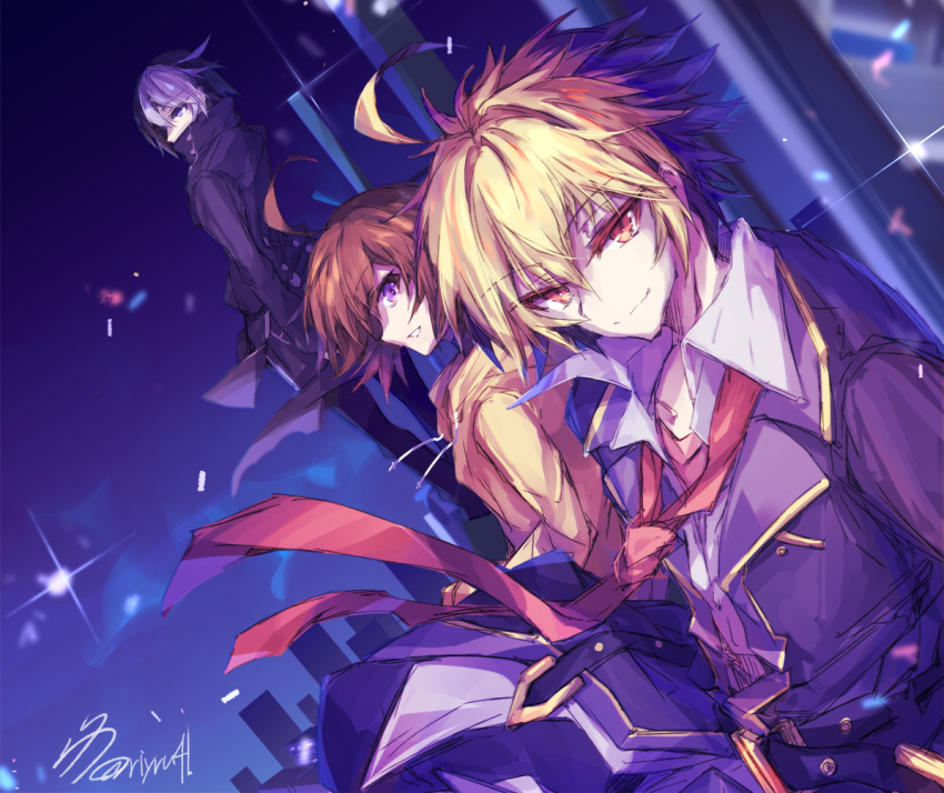 1girl, 2boys, ahoge, black_hair, blonde_hair, blue_eyes, brown_hair, dyed_bangs