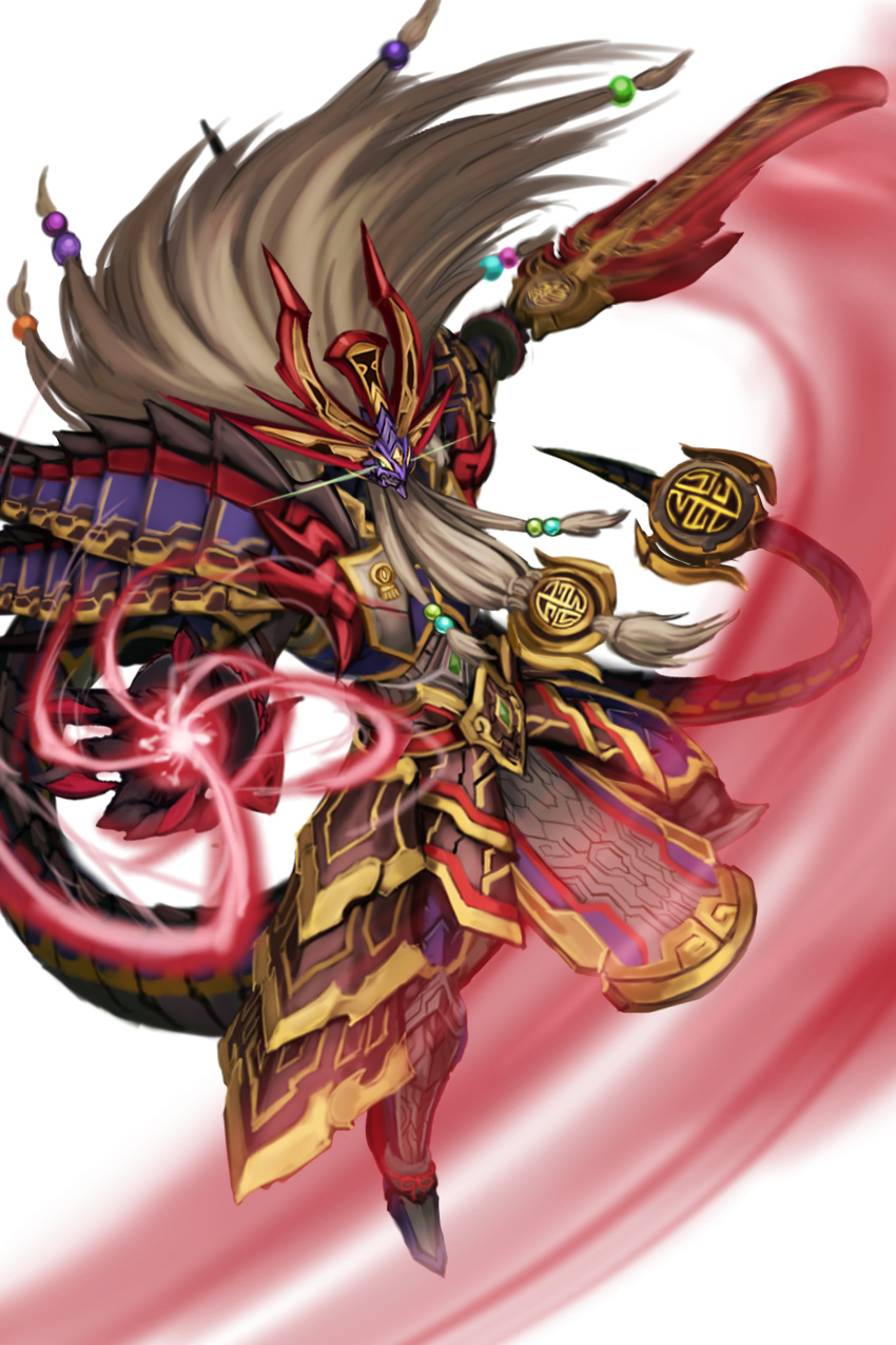 1boy, absurdres, armor, beard, dragon_boy, duel_monster, facial_hair, full_armor, full_body, grey_hair, highres, holding, holding_sword, holding_weapon, incoming_attack, magic, niziko, shoulder_pads, solo, sword, swordsoul_supreme_sovereign_-_chengying, weapon, white_background, yu-gi-oh!
