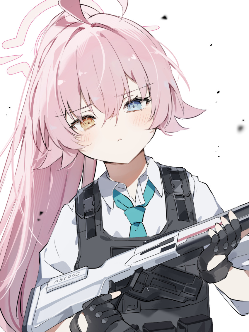 1girl, ahoge, aqua_necktie, beretta_1301, black_gloves, black_vest, blue_archive, bulletproof_vest