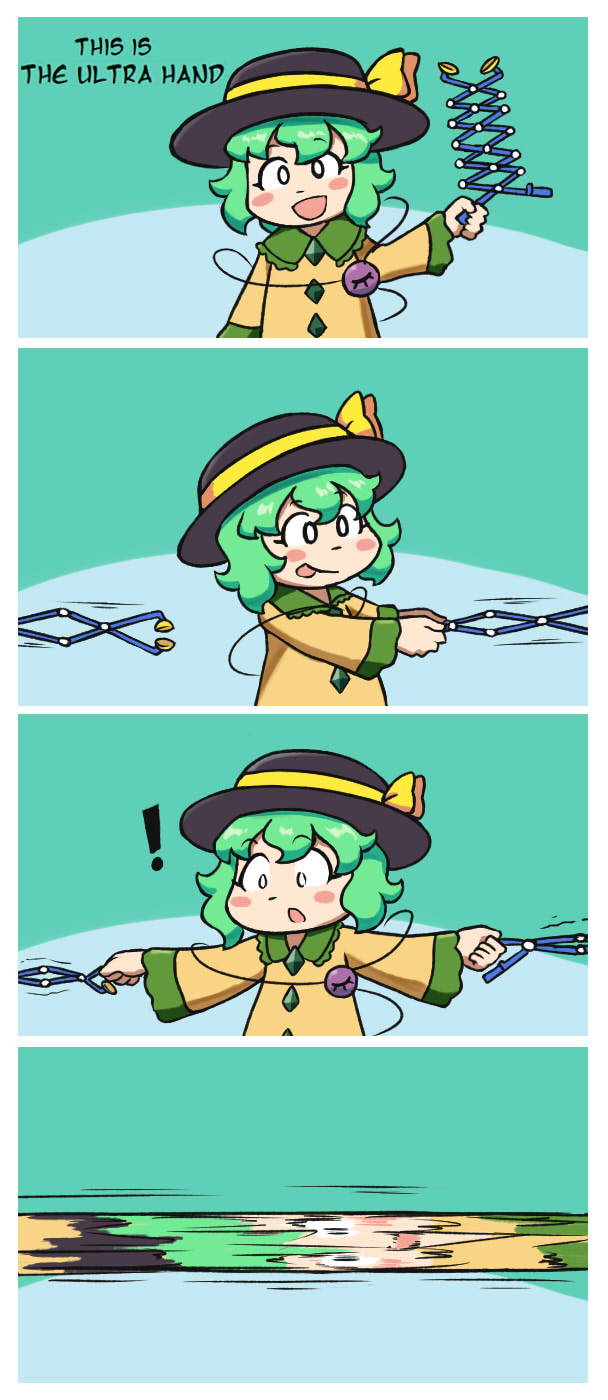 !, 1girl, black_hat, buttons, diamond_button, edgycat, english_text, eyeball, frilled_shirt_collar, frilled_sleeves, frills, green_hair, hat, hat_ribbon, highres, komeiji_koishi, ribbon, shirt, smile, third_eye, touhou, yellow_ribbon, yellow_shirt