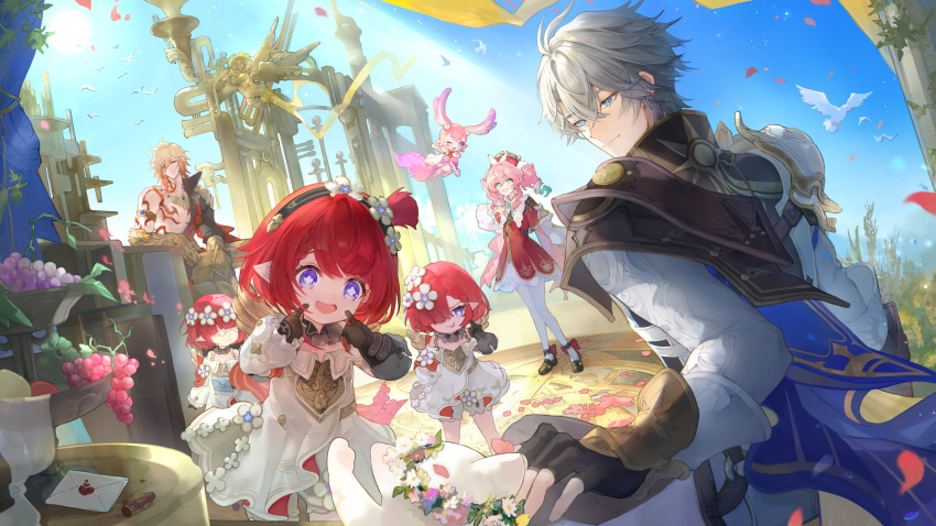 2boys, 4girls, armor, bird, blonde_hair, blue_eyes, blue_sky, cape