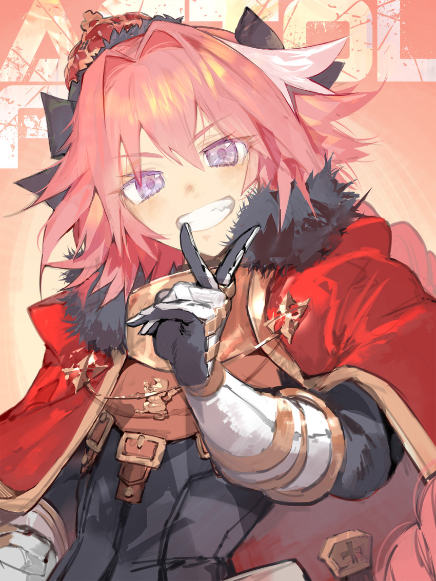 1boy, armor, astolfo_(fate), black_bow, black_dress, black_gloves, blush, bow