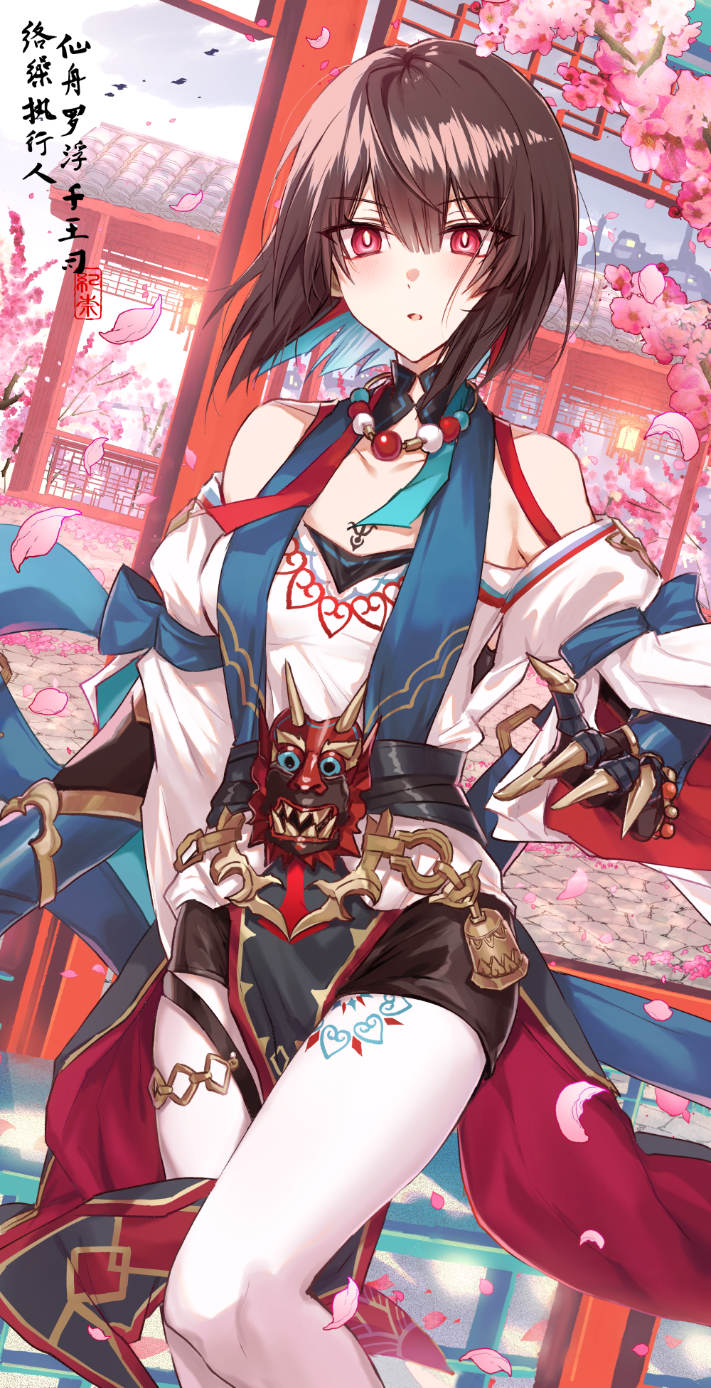 1girl, aqua_hair, bare_shoulders, black_shorts, blue_scarf, bob_cut, breasts, bright_pupils