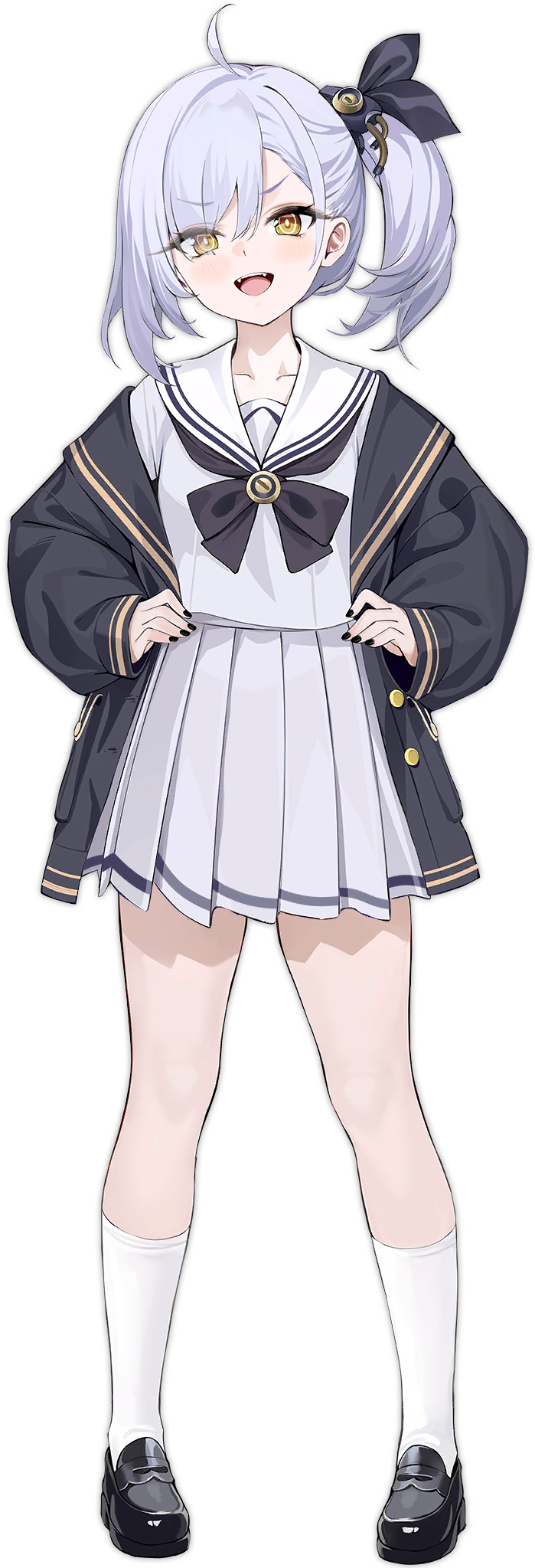 1girl, ahoge, artist_request, asymmetrical_bangs, azur_lane, black_bow, black_bowtie, black_cardigan
