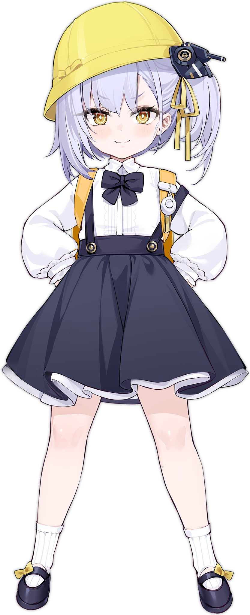 >:), 1girl, aged_down, artist_request, asymmetrical_bangs, azur_lane, backpack, bag, black_bow, black_bowtie, black_footwear, black_ribbon, black_skirt, blush, bow, bowtie, child, closed_mouth, collared_shirt, crime_prevention_buzzer, frilled_shirt, frills, full_body, grey_hair, hair_ornament, hair_ribbon, hands_on_own_hips, hat, high-waist_skirt, highres, layered_skirt, long_sleeves, looking_at_viewer, mary_janes, medium_hair, non-web_source, oceana_(azur_lane), official_art, puffy_long_sleeves, puffy_sleeves, randoseru, ribbon, school_hat, shirt, shirt_tucked_in, shoes, side_ponytail, simple_background, skirt, smug, socks, solo, standing, strap_slip, suspender_skirt, suspenders, suspenders_slip, transparent_background, v-shaped_eyebrows, white_shirt, white_socks, yellow_eyes, yellow_ribbon
