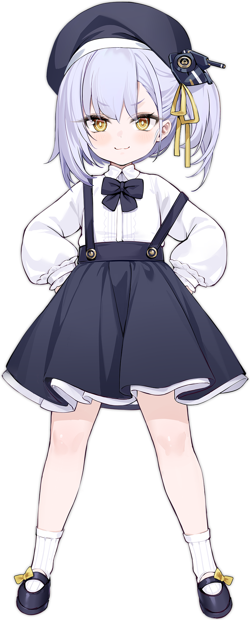 >:), 1girl, aged_down, artist_request, asymmetrical_bangs, azur_lane, beret, black_bow