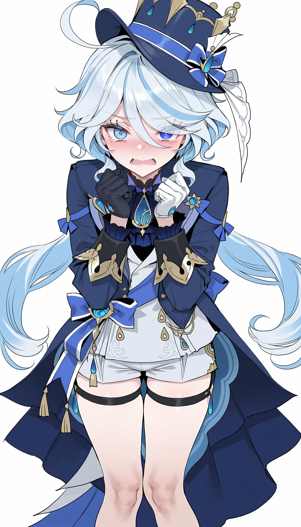 1girl, ahoge, ascot, asymmetrical_gloves, blush, fujiwarahima, furina_(genshin_impact), gem