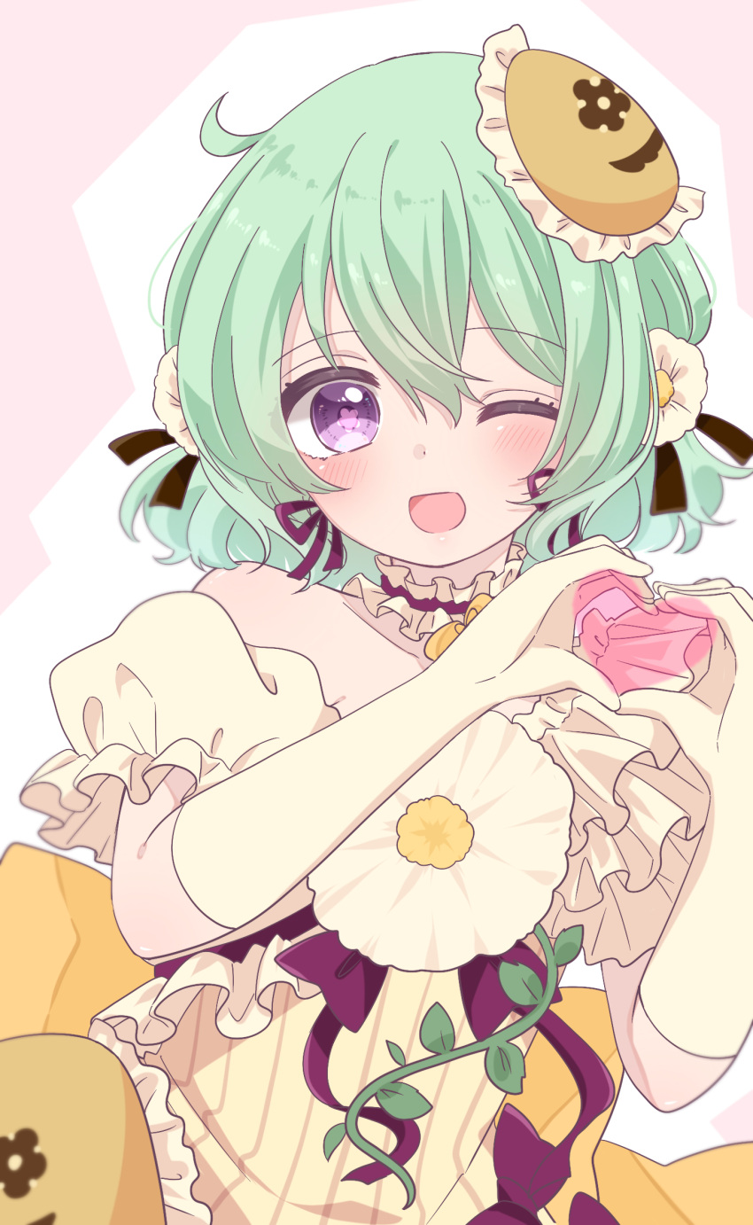 dress, flower, frilled_dress, frills, green_hair, hair_bun, hair_flower, hair_ornament