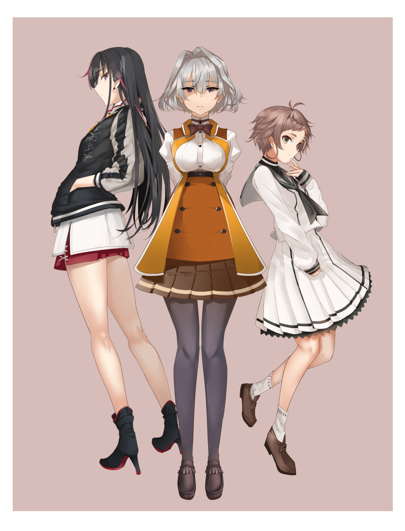 3girls, 80mph, arms_behind_back, ayanokouji_martial_arts_school_uniform, black_footwear, black_hair, black_jacket, black_neckerchief