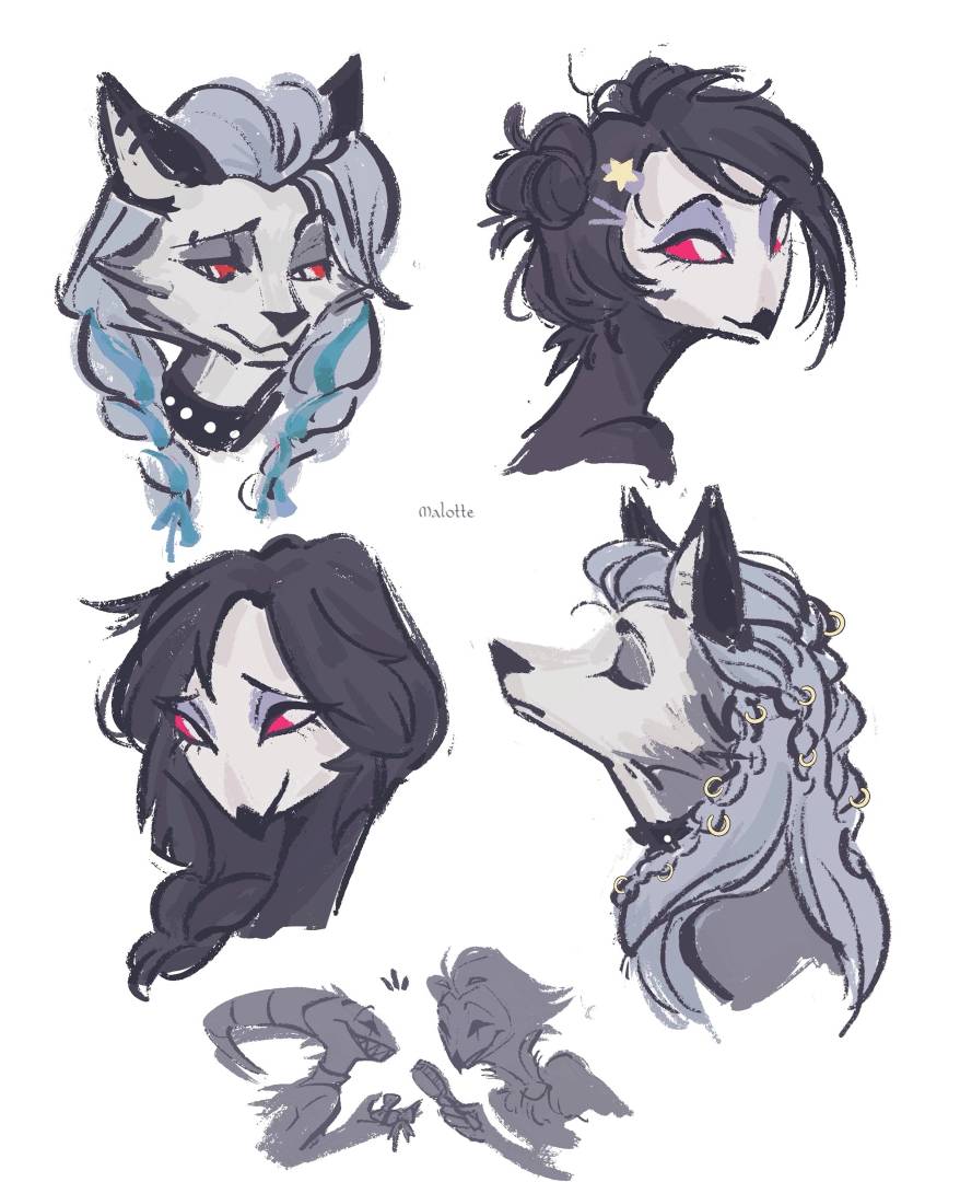2boys, 2girls, blitzo_(helluva_boss), braid, demon_boy, demon_girl, demon_horns, dog_girl