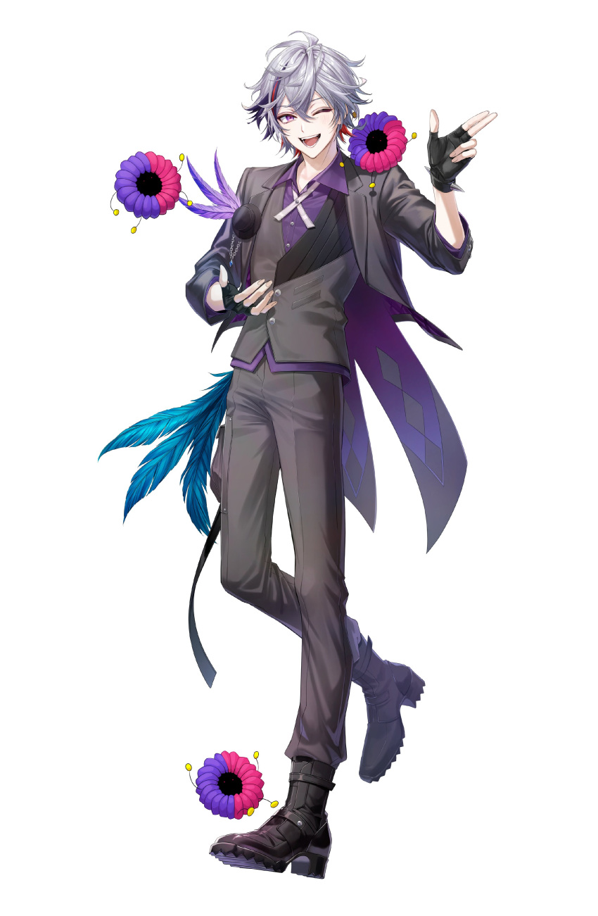 1boy, ;d, absurdres, antenna_hair, black_footwear, black_gloves, black_ribbon, boots