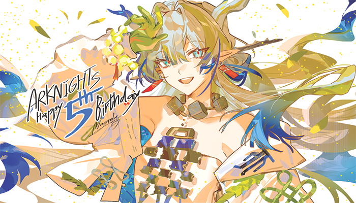 1girl, :d, anniversary, arknights, arm_up, armpits, blue_eyes, blue_hair, blue_horns, colored_extremities, commentary, confetti, cropped_jacket, dragon_girl, earrings, eastern_dragon_horns, english_commentary, eyeliner, floating_hair, gradient_hair, green_hair, grey_hair, grey_horns, hair_between_eyes, hair_intakes, hair_ornament, hair_stick, hand_on_another's_head, happy_birthday, horns, jacket, jewelry, long_hair, long_sleeves, looking_at_viewer, magnolia29, makeup, multicolored_hair, multicolored_horns, off_shoulder, ofuda_earrings, open_clothes, open_jacket, open_mouth, pointy_ears, red_eyeliner, red_pupils, shu_(arknights), signature, simple_background, smile, solo, strapless, teeth, tsurime, tube_top, upper_body, upper_teeth_only, white_background, white_jacket, white_tube_top