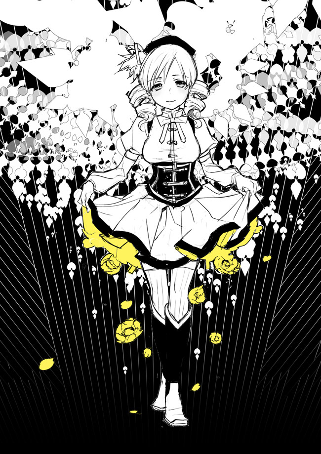 drill_hair, flower, ichii, kazunon, magical_girl, mahou_shoujo_madoka_magica, monochrome, multiple_girls