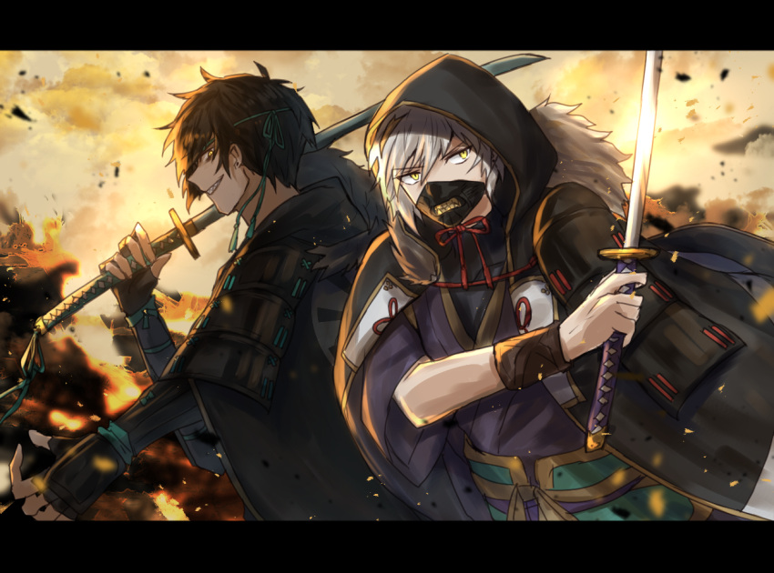 2boys, armor, black_gloves, black_hair, bracer, dark-skinned_male, dark_skin, earrings