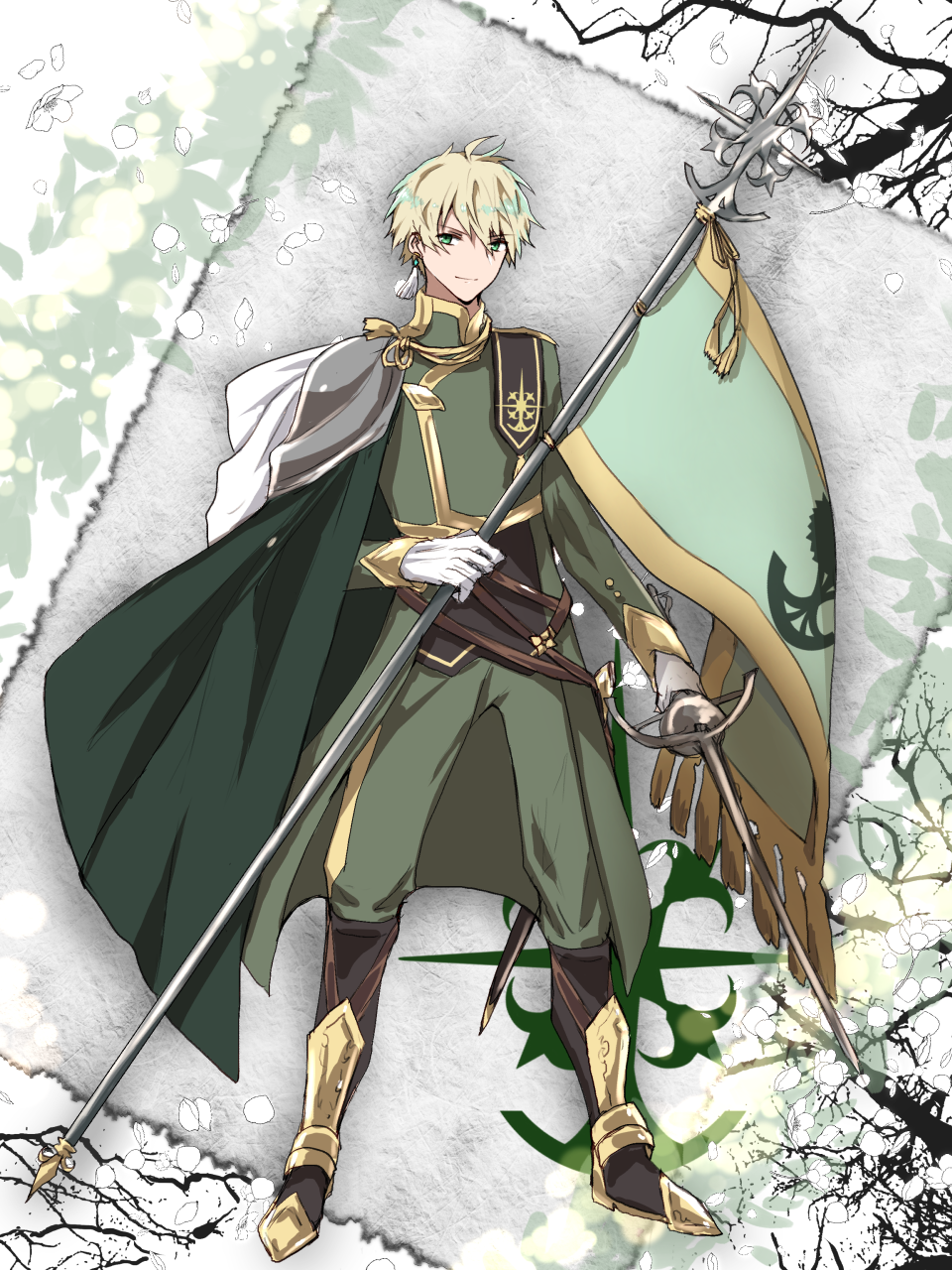 1boy, blonde_hair, cape, earrings, flag, gloves, gold_trim, green_cape