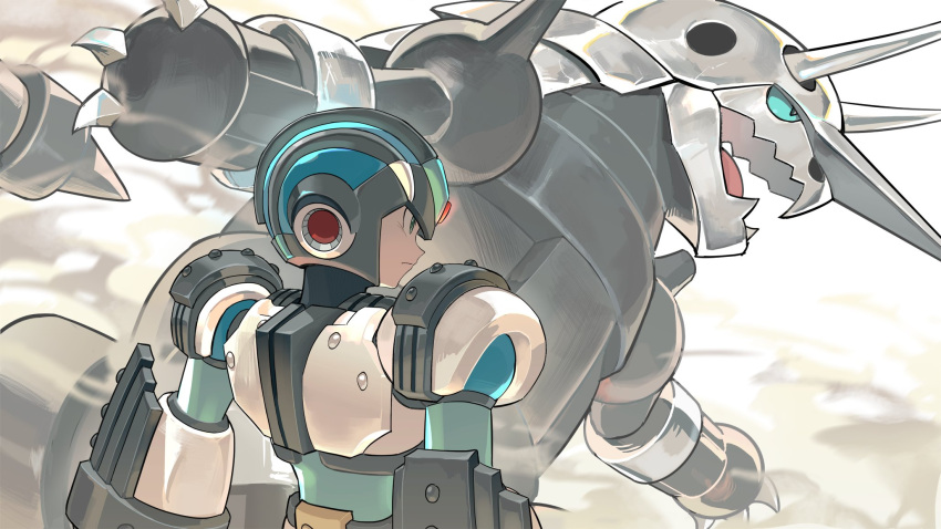 aggron, armor, blue_eyes, blue_helmet, crossover, gaea_armor_x_(mega_man), green_eyes, helmet