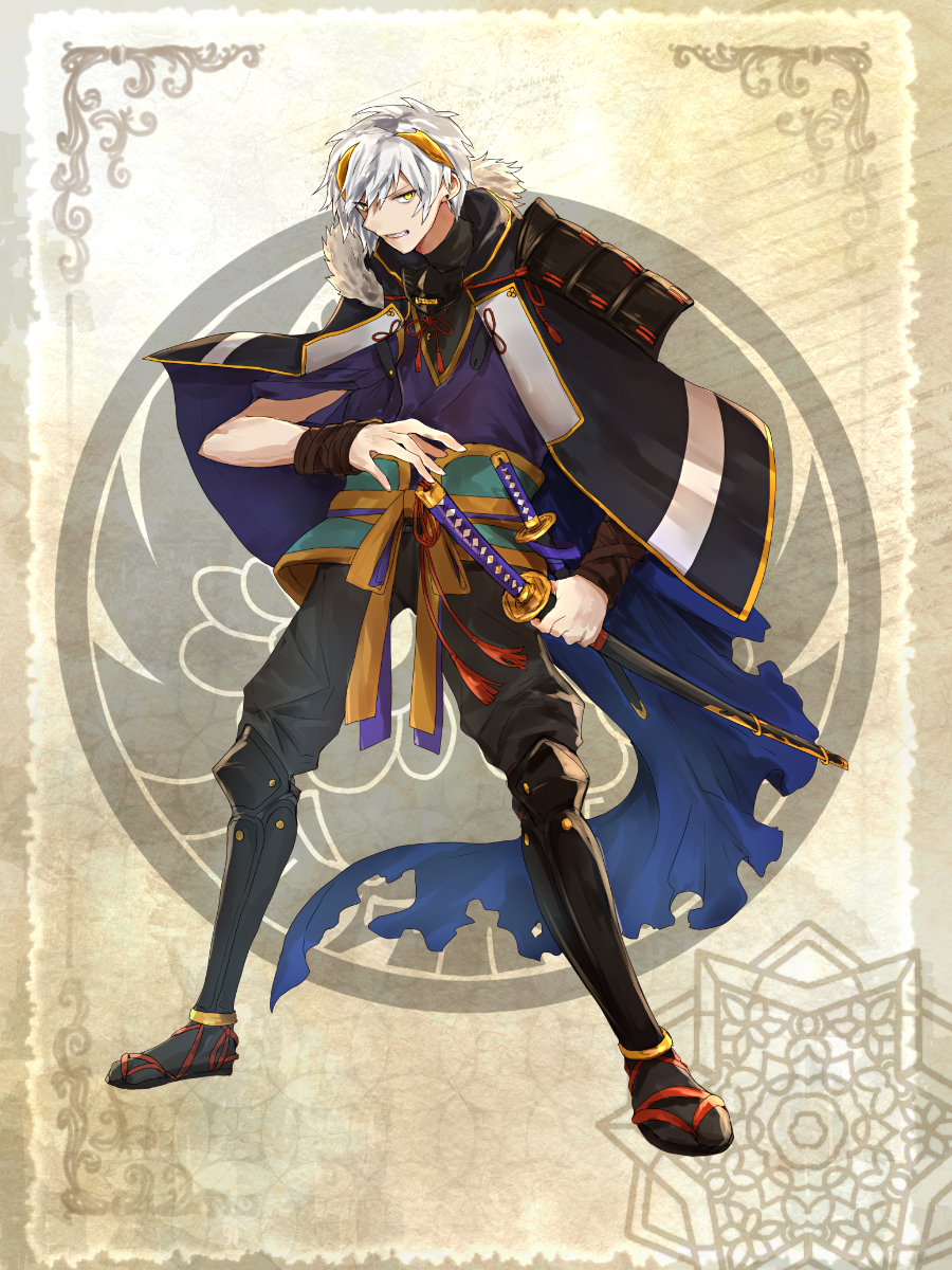 1boy, armor, black_socks, blue_cape, cape, full_body, fur-trimmed_collar, fur_trim