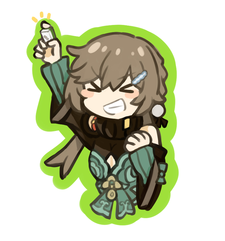 1girl, arm_up, brown_hair, chinese_commentary, cleavage_cutout, clenched_teeth, closed_eyes, clothing_cutout