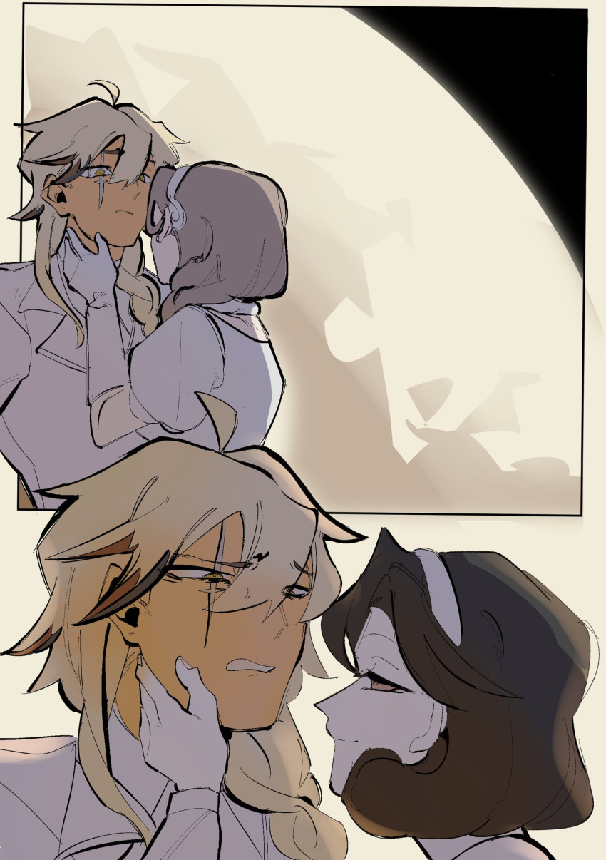 3girls, alien_stage, argus_(reverse:1999), black_hair, blonde_hair, braid, brown_hair, commentary