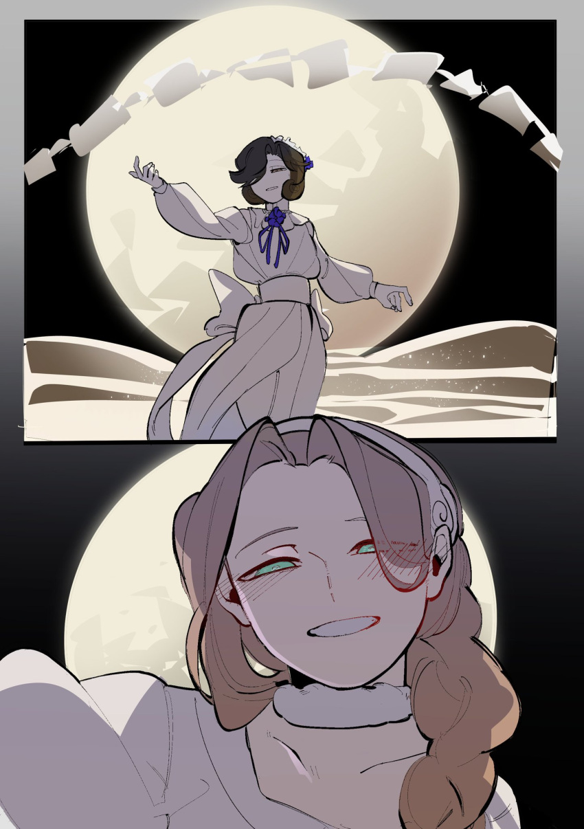 2girls, alien_stage, arm_up, black_hair, braid, brown_hair, commentary, dress