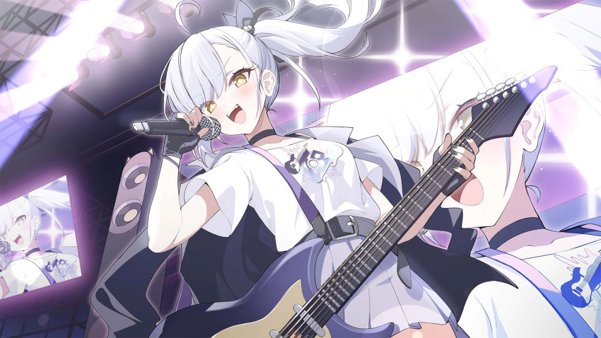 1girl, ahoge, artist_request, asymmetrical_bangs, azur_lane, belt, black_belt, black_choker, black_gloves, black_jacket, blush, choker, collarbone, concert, ear_piercing, electric_guitar, fangs, fingerless_gloves, gloves, grey_hair, grey_skirt, guitar, hair_ornament, hair_over_one_eye, highres, holding, holding_instrument, holding_microphone, instrument, jacket, jacket_on_shoulders, long_hair, looking_at_viewer, microphone, multiple_views, music, non-web_source, oceana_(azur_lane), official_art, open_mouth, piercing, playing_instrument, pleated_skirt, ponytail, print_shirt, screen, shirt, short_sleeves, side_ponytail, singing, siren_(azur_lane), skirt, solo, stage, stage_lights, t-shirt, teeth, upper_teeth_only, white_shirt, yellow_eyes