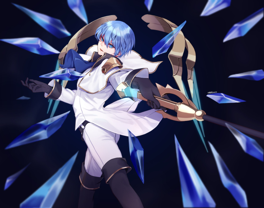 1boy, absurdres, ascot, bishounen, black_gloves, blue_ascot, blue_eyes, boots
