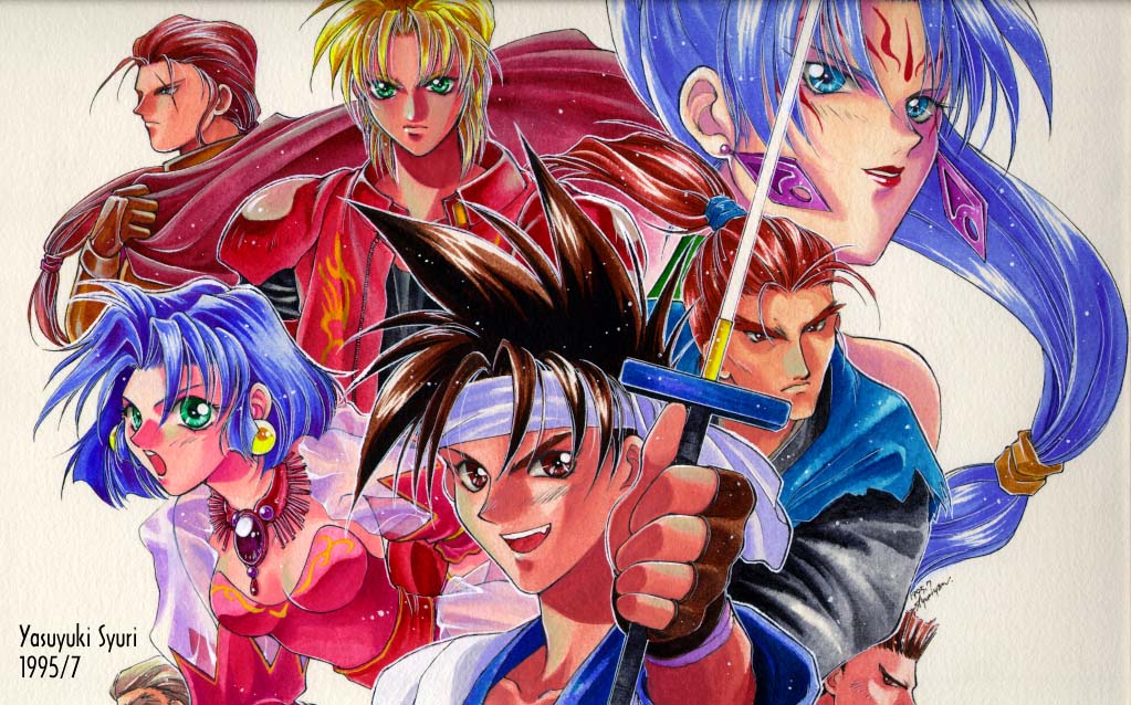 2girls, 4boys, ahoge, alternate_color, battle_arena_toshinden, blonde_hair, blue_eyes, blue_hair