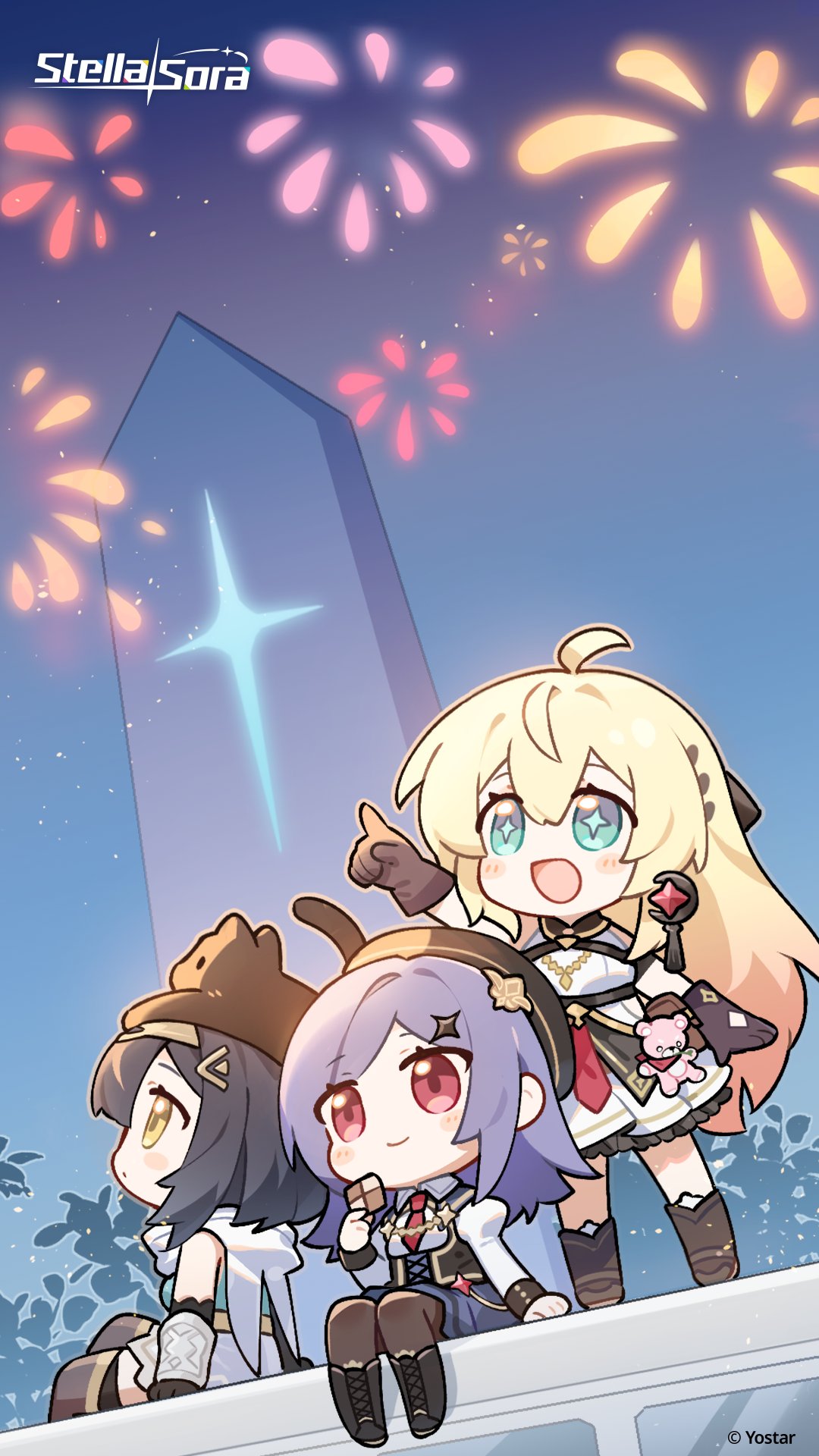 3girls, :d, aerial_fireworks, ahoge, amber_(stella_sora), animal, animal_on_head, arm_up