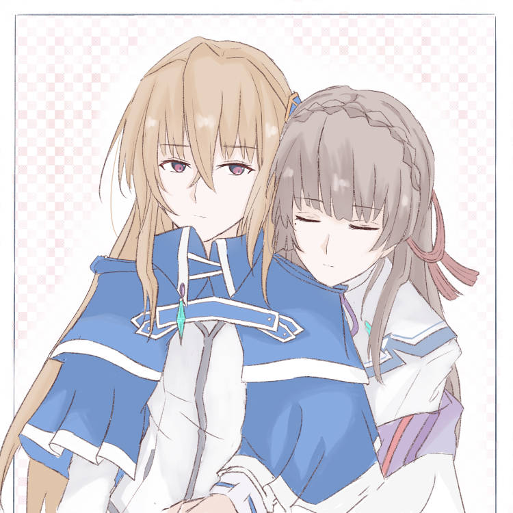 2girls, blonde_hair, braid, breasts, brown_hair, capelet, crown_braid, hair_between_eyes