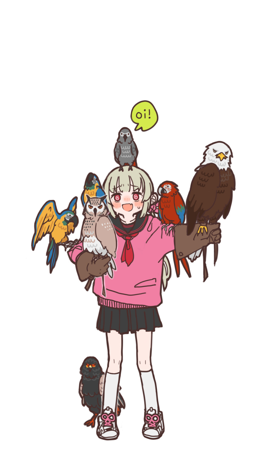 1girl, @_@, african_grey_parrot, animal_on_arm, animal_on_head, bald_eagle, bird, bird_on_arm