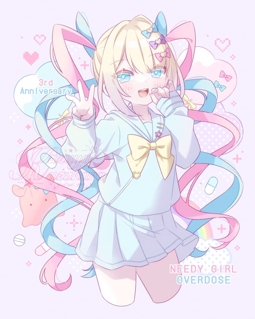 1girl, :d, anniversary, artist_name, blonde_hair, blue_bow, blue_eyes, blue_hair