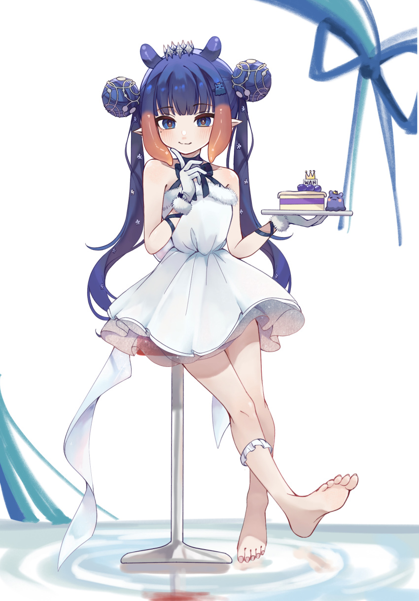 1girl, barefoot, blue_eyes, blunt_bangs, blush, check_commentary, commentary_request, dress, feet, finger_to_own_chin, gloves, gradient_hair, highres, hololive, hololive_english, long_hair, looking_at_viewer, mole, mole_under_eye, multicolored_hair, ninomae_ina'nis, on_stool, orange_hair, partial_commentary, pointy_ears, purple_hair, sausage_duoduo, sidelocks, sitting, smile, soles, solo, strapless, strapless_dress, takodachi_(ninomae_ina'nis), tentacle_hair, thighs, toes, tube_dress, twintails, very_long_hair, virtual_youtuber, white_dress, white_gloves