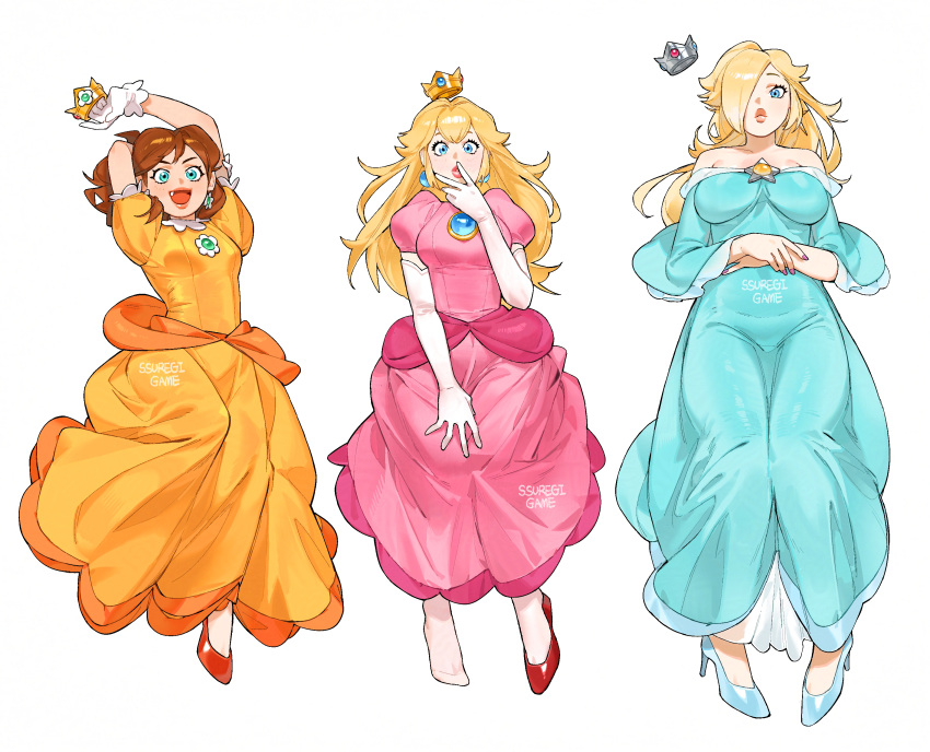 3girls, absurdres, aqua_dress, bare_shoulders, blonde_hair, blue_eyes, breasts, brooch