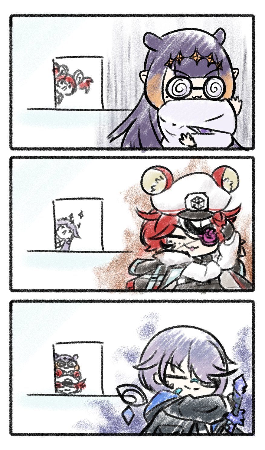 3girls, animal_ears, bandaid, bandaid_on_face, bandaid_on_nose, black_coat, chibi, coat