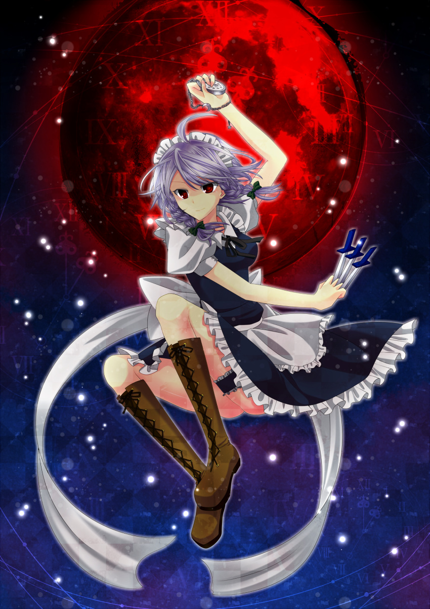 absurdres, boots, bow, braid, female, full_moon, hair_bow, highres, izayoi_sakuya, jumping, knife, maid, maid_headdress, moon, pocket_watch, red_eyes, red_moon, shawa, short_hair, silver_hair, smile, solo, the_embodiment_of_scarlet_devil, throwing_knife, touhou, twin_braids, watch, weapon