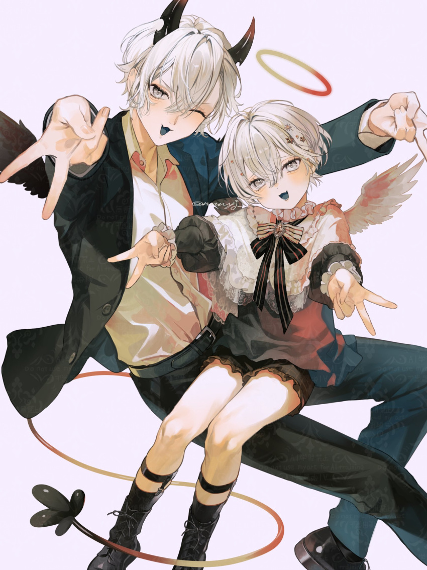 2boys, aegyo_sal, age_difference, angel_wings, ankle_boots, black_footwear, black_jacket, black_pants, black_shirt, black_shorts, black_socks, blue_tongue, boots, buttons, capelet, collared_shirt, colored_tongue, commentary_request, demon_horns, demon_tail, demon_wings, double-parted_bangs, double_v, fang, foot_out_of_frame, frilled_shirt, frills, gyaru_v, hair_between_eyes, hair_ornament, halo, hands_up, head_tilt, highres, horns, jacket, kneehighs, legwear_garter, light_blush, looking_at_viewer, male_focus, multiple_boys, nnnyj, one_eye_closed, open_clothes, open_jacket, original, pants, raised_eyebrows, shirt, short_hair, shorts, simple_background, sitting, sitting_on_lap, sitting_on_person, skin_fang, socks, tail, twitter_username, v, v-shaped_eyebrows, white_background, white_capelet, white_eyes, white_hair, white_shirt, wings