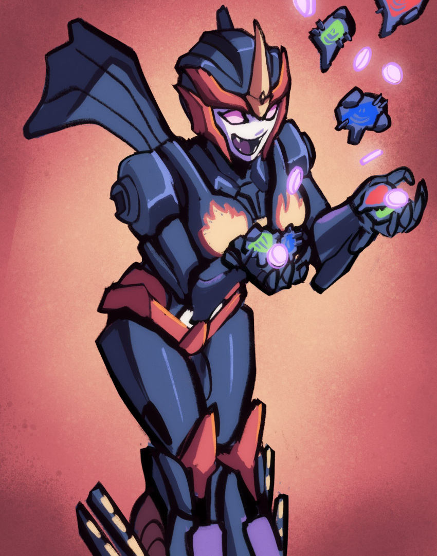 1girl, fangs, flame_print, flamewar, helmet, highres, humanoid_robot, joints