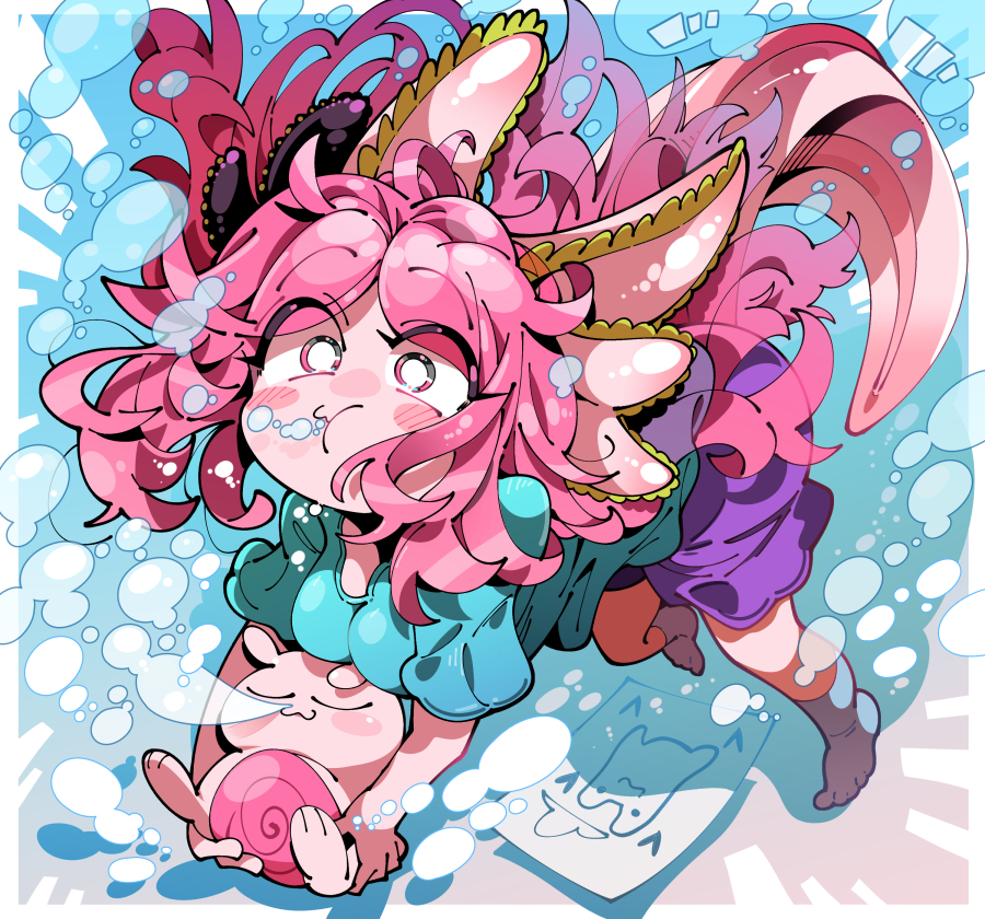 1girl, :3, axolotl_girl, axolotl_tail, blue_shirt, blush, breasts, bubble