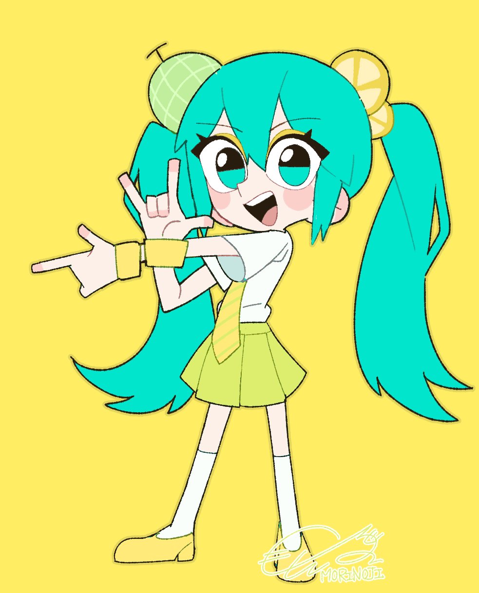 1girl, aqua_eyes, aqua_hair, artist_name, blush_stickers, bracelet, food-themed_hair_ornament, green_skirt