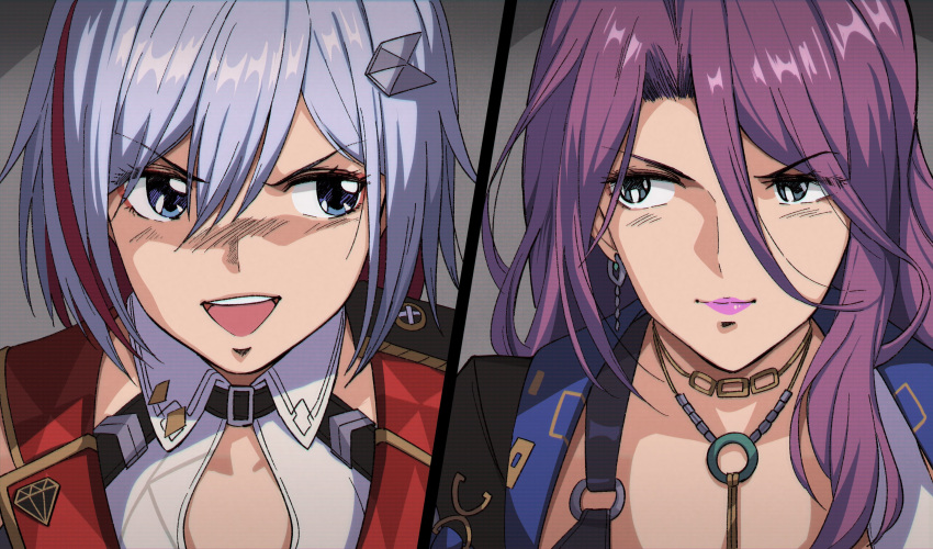1980s_(style), 2girls, absurdres, asymmetrical_bangs, black_jacket, blue_eyes, collared_shirt, commentary
