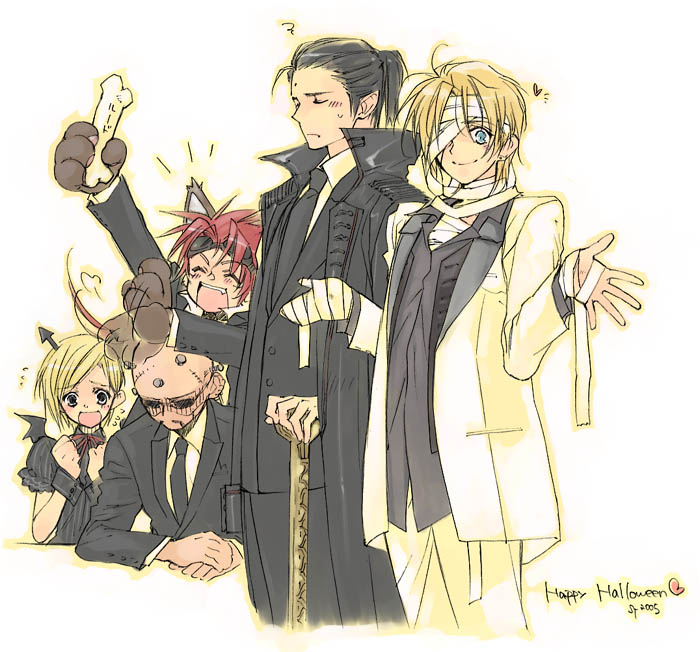 1girl, 4boys, alternate_costume, animal_ears, animal_hands, arm_up, asymmetrical_bangs, bad_id