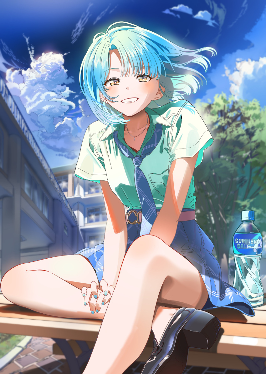 1girl, absurdres, bare_legs, black_footwear, blue_hair, blue_nails, blue_necktie, blue_shirt, blue_skirt, bottle, breast_pocket, character_request, clouds, collared_shirt, copyright_request, cumulonimbus_cloud, day, floating_hair, grin, highres, looking_at_viewer, miniskirt, nail_polish, necktie, official_art, outdoors, plaid_clothes, plaid_skirt, pocket, poligon046, shirt, short_hair, short_sleeves, sitting, skirt, smile, solo, water_bottle, wing_collar, yellow_eyes