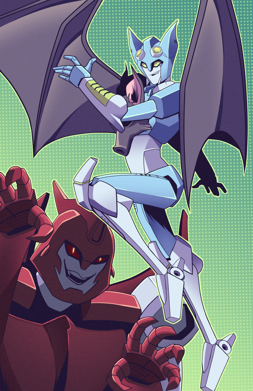 1boy, 1girl, absurdres, bat_wings, beast_wars, fingernails, flying, glowing