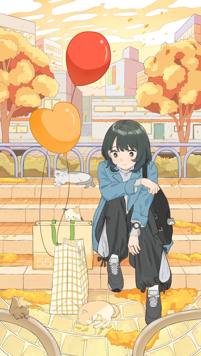 1girl, acorn, autumn_leaves, bag, balloon, black_footwear, black_hair, black_pantyhose, blue_coat, building, bush, cat, city, cityscape, closed_mouth, clouds, coat, falling_leaves, full_body, handbag, hashtag-only_commentary, heart_balloon, highres, jewelry, leaf, looking_at_animal, medium_hair, necklace, onoyama_(machikz1), orange_sky, original, outdoors, pantyhose, puffy_pants, railing, sett, shirt, shoes, shopping_bag, sitting, sitting_on_stairs, sky, skyscraper, sleeping_animal, sneakers, socks, solo, squirrel, stairs, star_(symbol), star_necklace, tree, watch, watch, white_shirt, white_socks