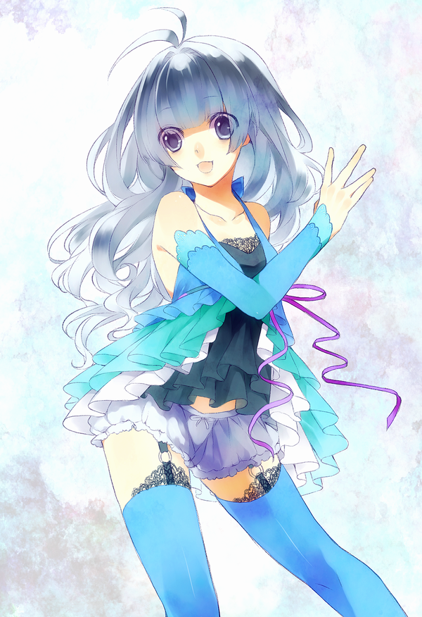 akizuki_hakuto, antenna_hair, bad_id, bare_shoulders, bloomers, blue, blue_legwear, blue_thighhighs