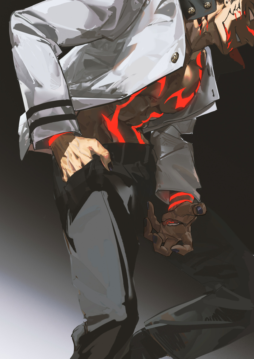 1boy, abs, absurdres, black_pants, buttons, chest_tattoo, collared_shirt, diffeng_cn