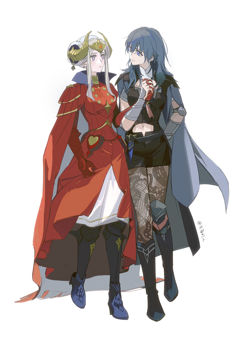 2girls, absurdres, artuvia, blue_eyes, blue_hair, breasts, byleth_(female)_(fire_emblem), byleth_(fire_emblem)