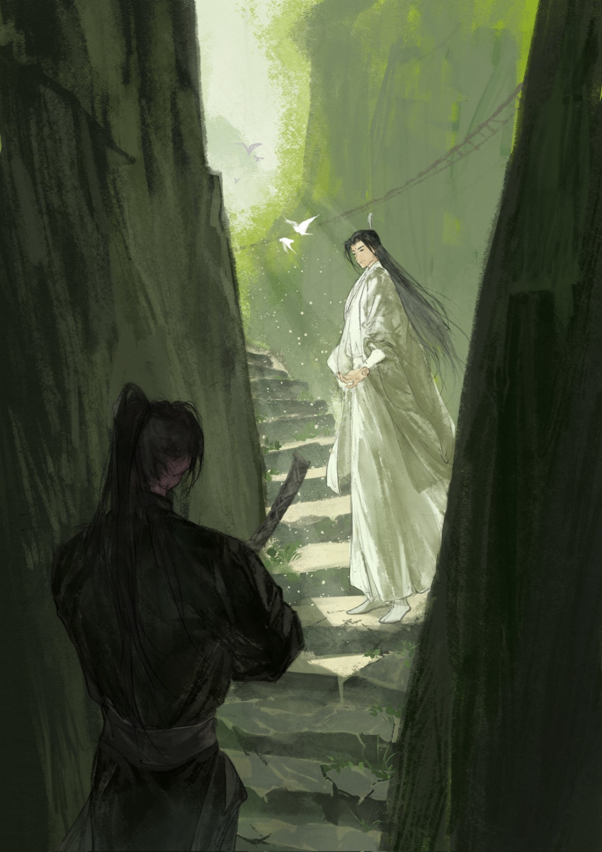 2boys, bird, black_hair, black_hanfu, boots, cheng_qian, chinese_clothes, chinese_commentary