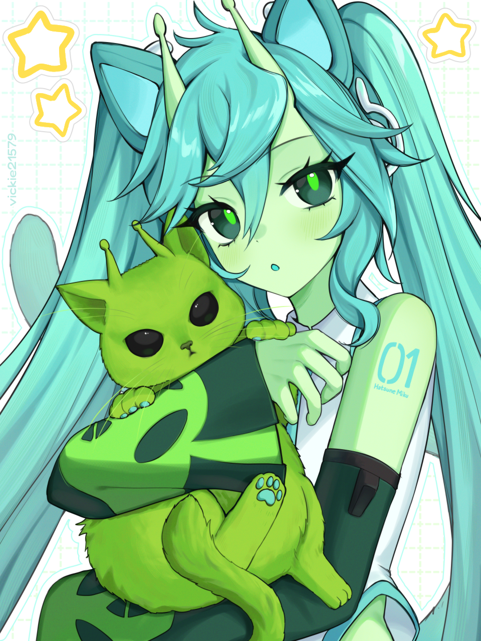 1girl, alien, animal, animal_ears, antennae, aqua_hair, bare_shoulders, cat