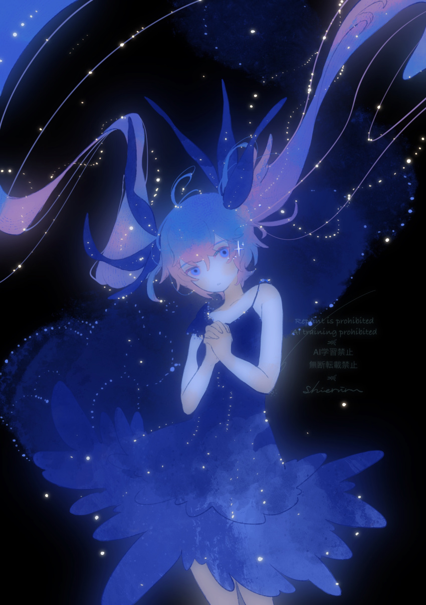 1girl, absurdres, asymmetrical_dress, bare_arms, bare_shoulders, bioluminescence, black_background, blue_dress